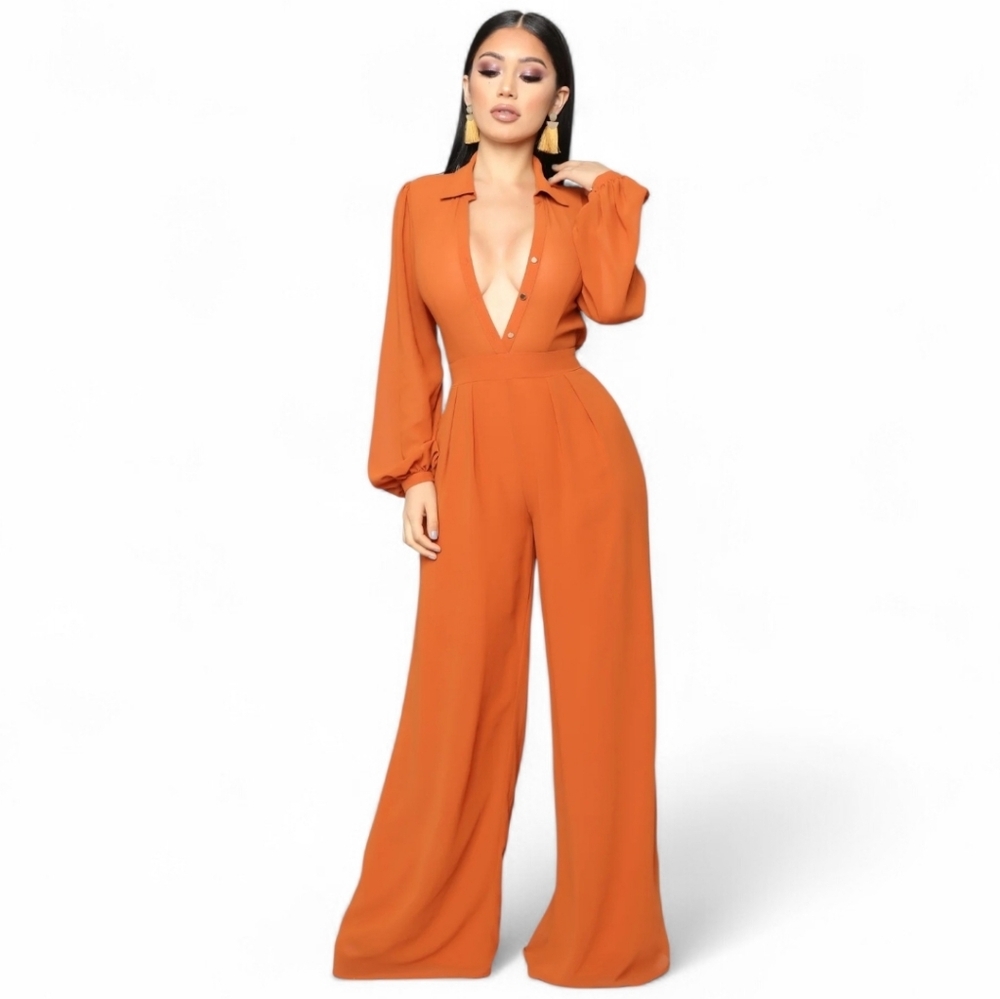 Fashion Nova Like Me Better Cognac Long Sleeve Jumpsuit